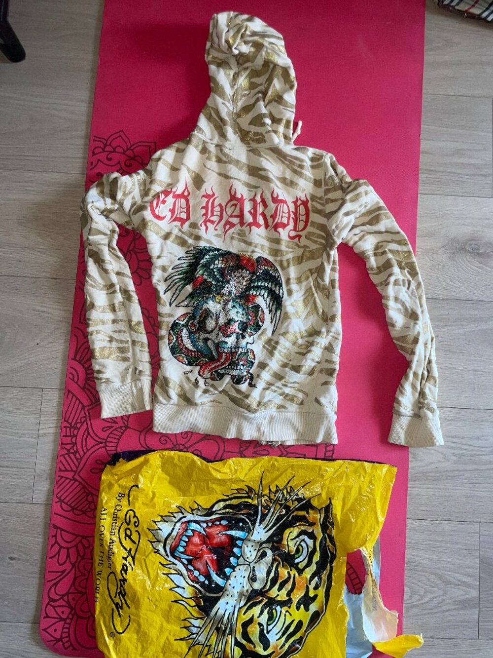 Ed Hardy Rhinestone Crystal Full Zip Skull Logo Hoodie animal print XS Y2K 2000s